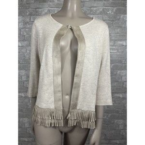 Chicos 0 Beige Open 3/4 Sleeve Open Knit Cardigan Fringe Suede Detail
